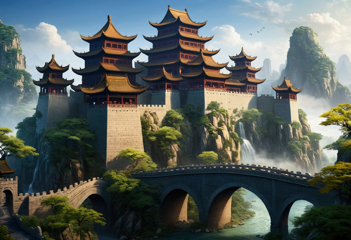 Highest quality,masterpiece,Chinese style castle,landscape,There are no humans,Fantasy,Charming streetscape,Concept Art,Fantasy,high resolution,4K,Atmospheric,Detailed Description,ground-level shot,アニメ 