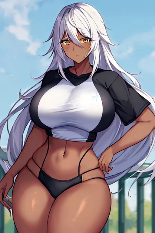 1girl, anime style, 2d, anime screencap, dark skin, black skin, dark-skinned female, white hair, long hair, huge breasts, wide hips, thick thighs, shirt, sportswear, shy, sports bra, screencap, masterpiece, mature female, milf