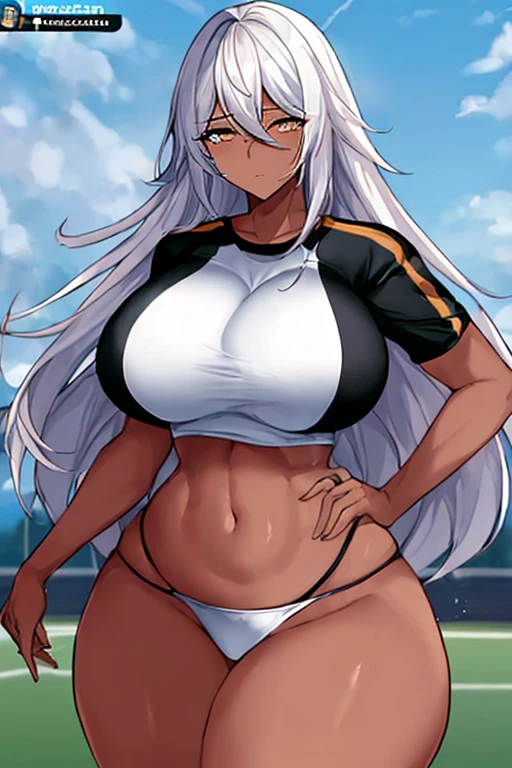 1girl, anime style, 2d, anime screencap, dark skin, black skin, dark-skinned female, white hair, long hair, ????????????, wide ????, thick thighs, shirt, sportswear, shy, sports bra, screencap, masterpiece, mature female, milf