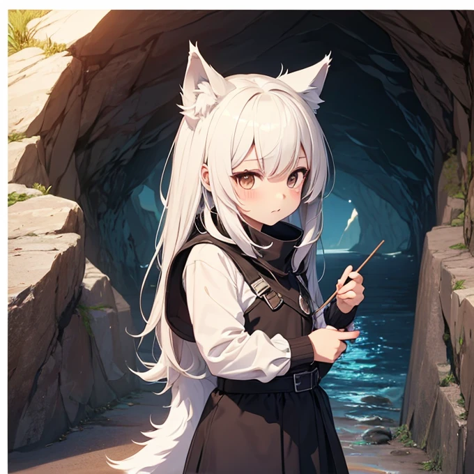 A 2D wolf girl, he is 7 years old, she is a wolf girl, soft coat, linda, adorable, Girl 7 years old, small, cave.