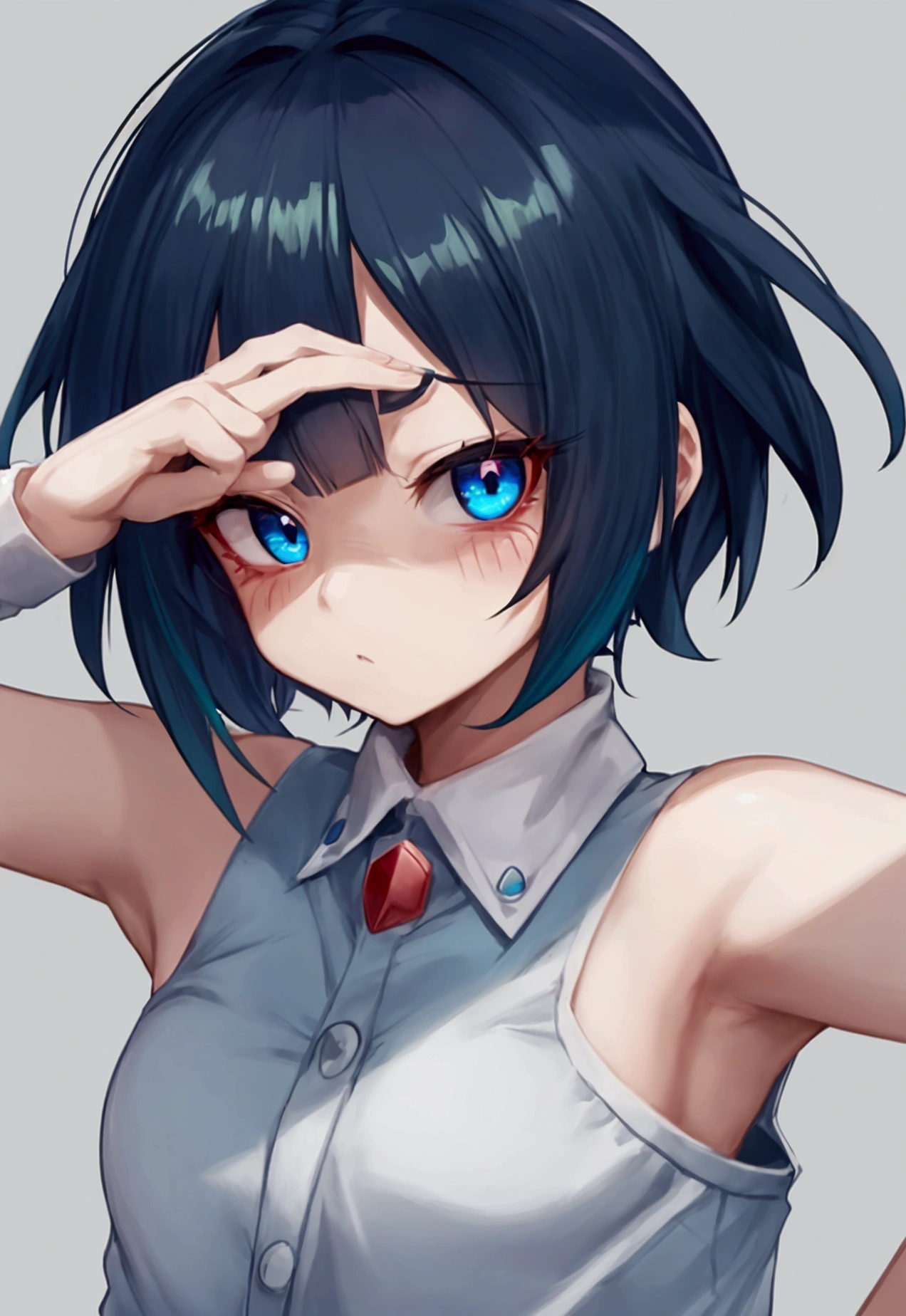 Boku no hero academia screenshot. cute girl . with blue eyes and triangular shape and small ,short hair, green color .con una expresión  fría y ojeras muy marcadas de color morado, the bangs in the shape of "m". with very extensive eyeliner that leaves your face.