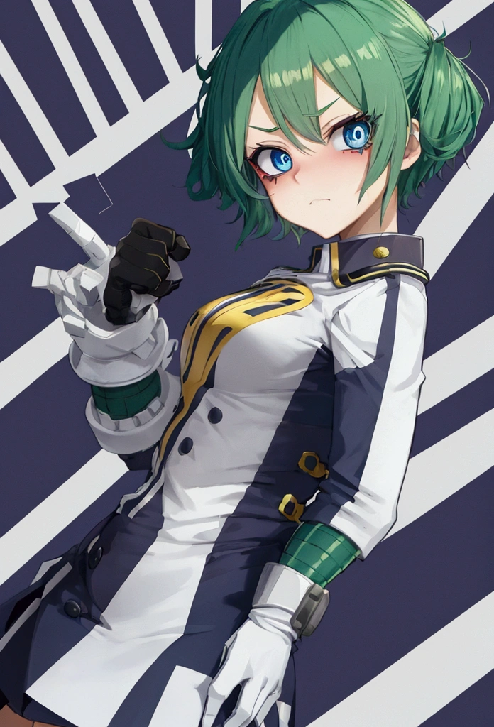Boku no hero academia screenshot. cute girl . with blue eyes and triangular shape and small ,short hair, green color .con una expresión fría y ojeras muy marcadas de color morado, the bangs in the shape of "m". with very extensive eyeliner that leaves your face.