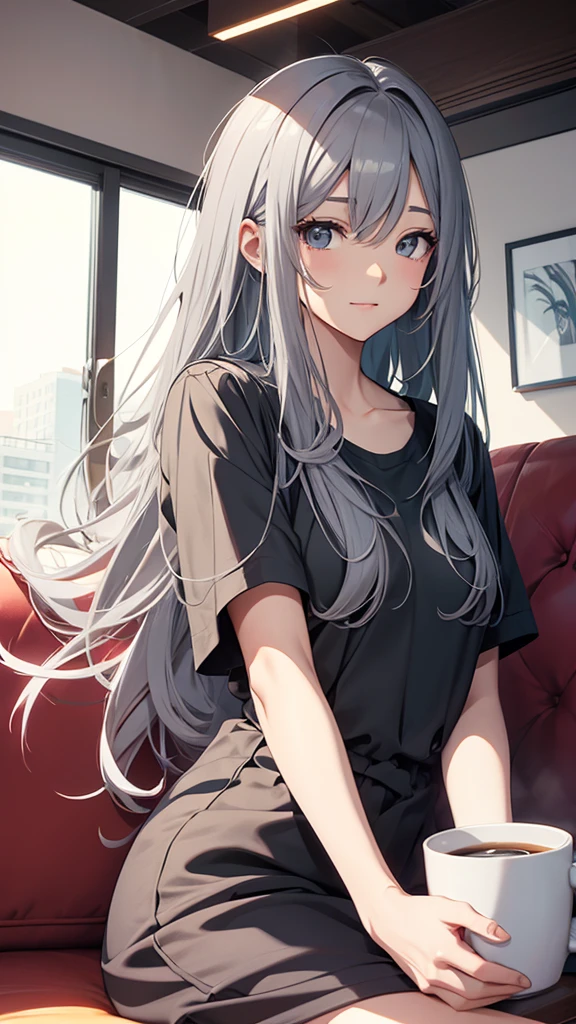 Gal、Sitting on the couch、Drinking coffee、hair is gray、laughing、Around 25 years old、Anime style illustration long hair, 