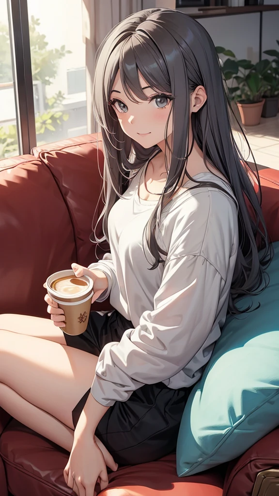 Gal、Sitting on the couch、Drinking coffee、hair is gray、laughing、Around 25 years old、Anime style illustration long hair,