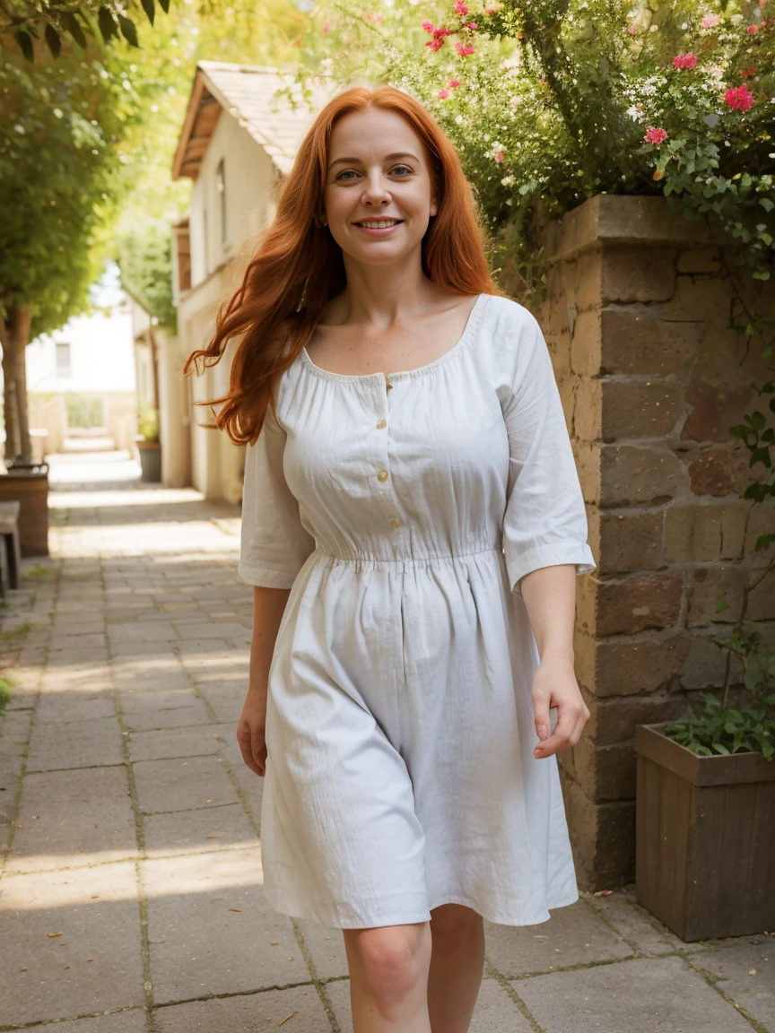 1 girl, solo, American British woman, Old woman, is taking a leisurely stroll on a sunny day. She’s dressed in a light summer dress, the fabric fluttering around her legs as she walks. Her crimped, two-tone hair is left loose, bouncing with each step she takes. She’s walking down a tree-lined street, her face turned towards the sun, a content smile on her lips,(((50 years old woman))), (mother), (((wrinkles))), ((redhead)),(((Large clothed))), ((fair pale skin)), ((curvy body)), ((Amarican women)), ((big plump lips)), ((small waist)), ((long hair)), ((background: indoor in Europe)), fireplace
