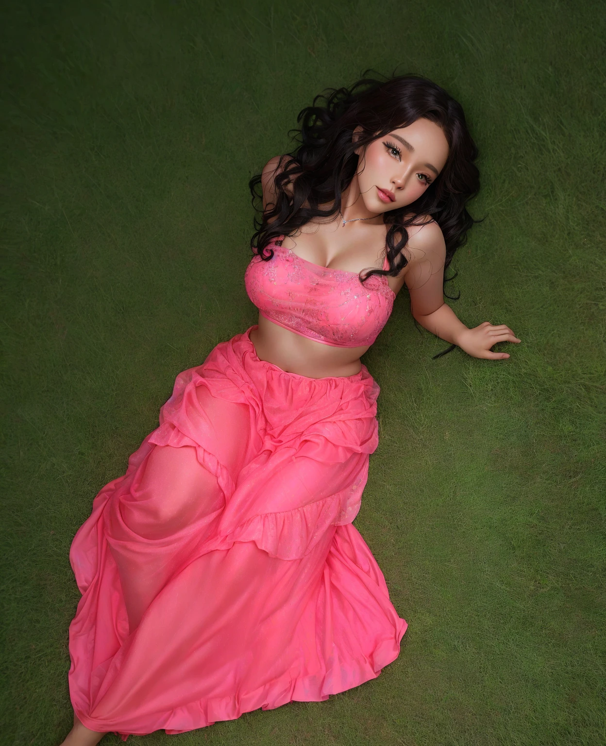 there is a hyper realistic woman in a pink dress laying on the grass, laying down, thick curly anime hair, curly hyper realistic hair, photo from a promo shoot, promo shoot, promo still, gorgeous lady, photoshoot, seductive lady, sza, promo shot, photo shoot, taken in the early 2020s, playful pose, her belly button is exposed, vanessa morgan, dressed in a pink dress, solo photoshoot