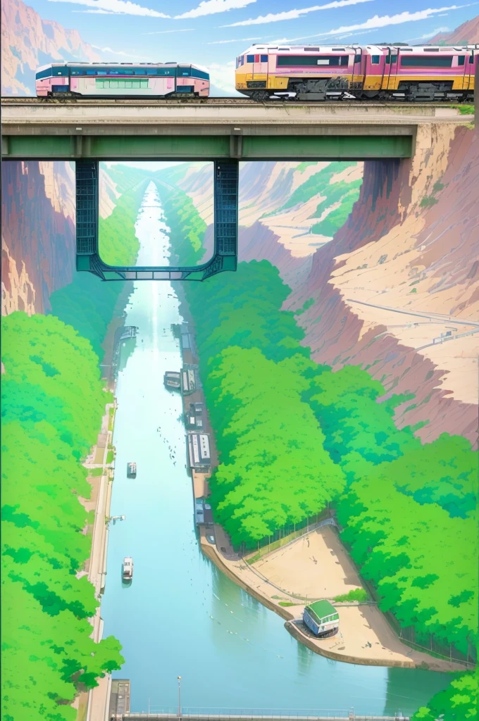 anime scene of a train crossing a bridge over a river, river flowing beside the robot, rio de janeiro in an anime film, random background scene, river in the background, trains in the background, anime countryside landscape, anime scene, anime”, monorail, anime scenery, safebooru anime image, anime landscape, in a scenic background, anime opening, anime nature