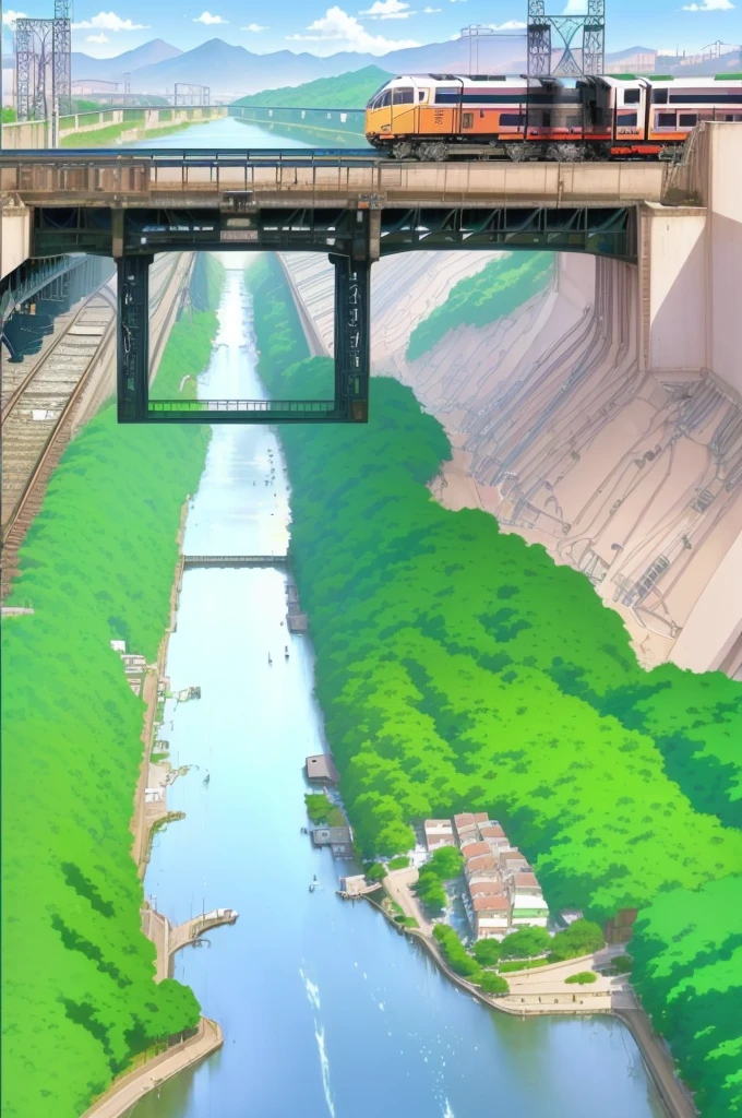 anime scene of a train crossing a bridge over a river, river flowing beside the robot, rio de janeiro in an anime film, random background scene, river in the background, trains in the background, anime countryside landscape, anime scene, anime”, monorail, anime scenery, safebooru anime image, anime landscape, in a scenic background, anime opening, anime nature