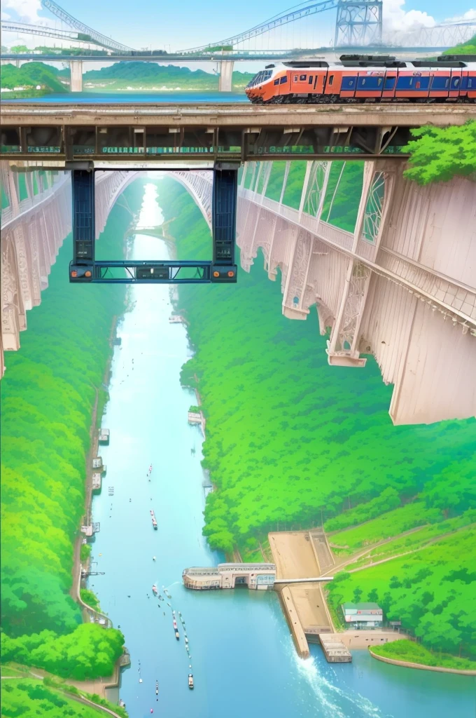 anime scene of a train crossing a bridge over a river, river flowing beside the robot, rio de janeiro in an anime film, random background scene, river in the background, trains in the background, anime countryside landscape, anime scene, anime”, monorail, anime scenery, safebooru anime image, anime landscape, in a scenic background, anime opening, anime nature