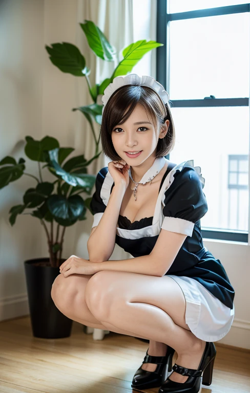 (An intellectual lady with a light-colored maid outfit, taking care of porthos plants, squatting with grace at a maid-theme cafe, friendly body lanugage, kind smile, positive vibes, full body shot, bokeh background, wearing high heels, cross necklance, short bob hair, squatting pose, family-friendly masterpiece, (best quality,4k,8k,highres,masterpiece:1.2),ultra-detailed,(realistic,photorealistic,photo-realistic:1.37),detailed facial features,beautiful detailed eyes,beautiful detailed lips,extremely detailed face,longeyelashes,maid uniform,maid cafe interior,studio lighting,vivid colors,warm lighting)