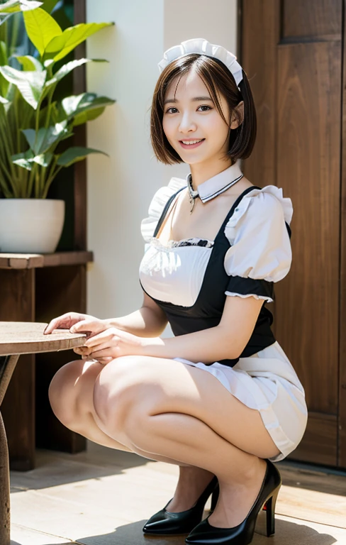 (An intellectual lady with a light-colored maid outfit, taking care of porthos plants, squatting with grace at a maid-theme cafe, friendly body lanugage, kind smile, positive vibes, full body shot, bokeh background, wearing high heels, cross necklance, short bob hair, squatting pose, family-friendly masterpiece, (best quality,4k,8k,highres,masterpiece:1.2),ultra-detailed,(realistic,photorealistic,photo-realistic:1.37),detailed facial features,beautiful detailed eyes,beautiful detailed lips,extremely detailed face,longeyelashes,maid uniform,maid cafe interior,studio lighting,vivid colors,warm lighting)