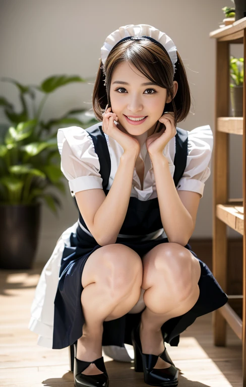 (An intellectual lady with a light-colored maid outfit, taking care of porthos plants, squatting with grace at a maid-theme cafe, friendly body lanugage, kind smile, positive vibes, full body shot, bokeh background, wearing high heels, cross necklance, short bob hair, squatting pose, family-friendly masterpiece, (best quality,4k,8k,highres,masterpiece:1.2),ultra-detailed,(realistic,photorealistic,photo-realistic:1.37),detailed facial features,beautiful detailed eyes,beautiful detailed lips,extremely detailed face,longeyelashes,maid uniform,maid cafe interior,studio lighting,vivid colors,warm lighting)