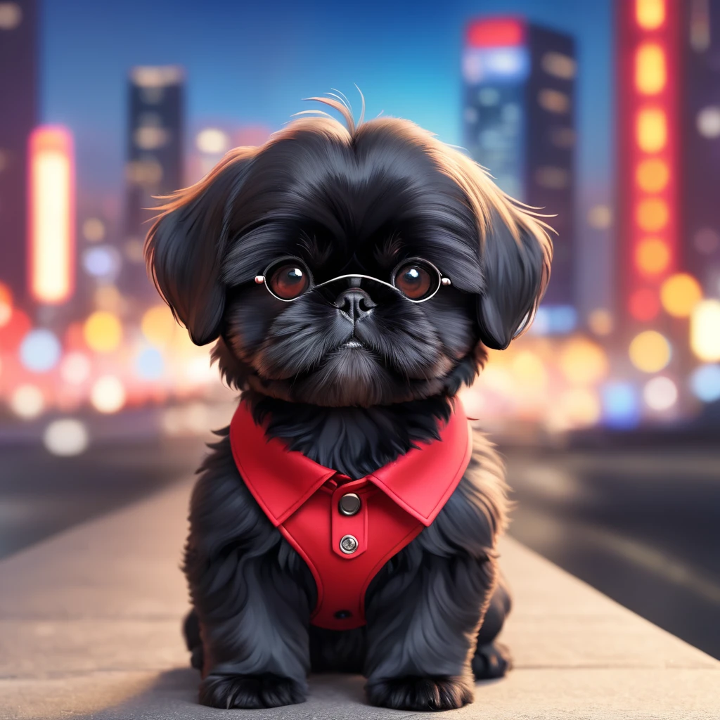 cute black black shih tzu puppies, wearing red collars and sunglasses blurred city background, cute numbers, 3D rendering, bright lights, vivid colors,