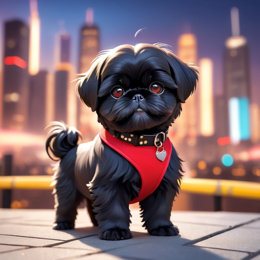 cute black black shih tzu puppies, wearing red collars and sunglasses blurred city background, cute numbers, 3D rendering, bright lights, vivid colors,
