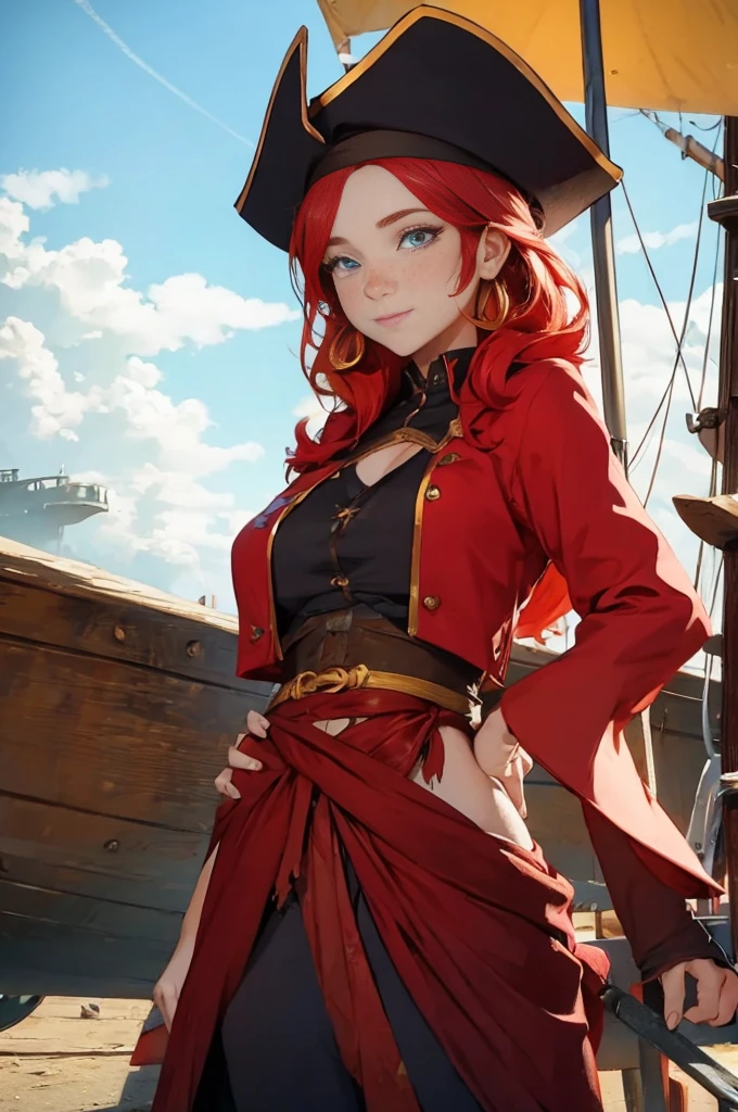 Ginger woman,1girll, freckles,28 year old,Red hair,double tails, Practical pirate clothing, (Long-sleeved pirate top), Skirt,Torn pirate hat, view the viewer, fantasy,(Pirate ship),Cinematic lighting,Masterpiece,