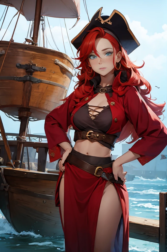 Ginger woman,1girll, freckles,28 year old,Red hair,double tails, Practical pirate clothing, (Long-sleeved pirate top), Skirt,Torn pirate hat, view the viewer, fantasy,(Pirate ship),Cinematic lighting,Masterpiece,