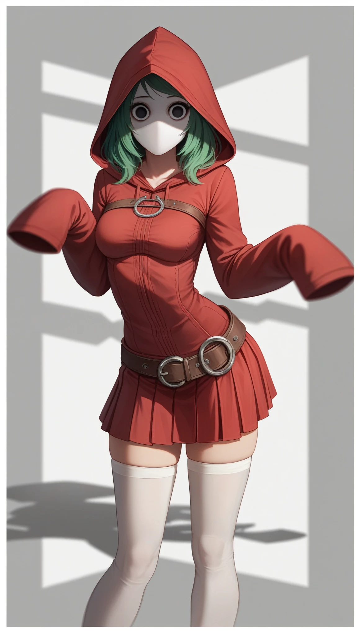 ((shygal)), mask, eyelashes, [solid background], [[light blue background]], (white border), (shaded), [3d], sleeves past wrists, (round eyes, wide eyes), (shadow), cartoony, (faceless), green hair, black eyes, breasts, no nose, 1girl, solo, [[belt]], (standing), clothes stretch, ((red hood), red skirt, hood, white thighhighs) masterpiece, (best quality:1.2), sharp image, detailed image, detailed face, perfect lighting, (perfect shadows), perfect face, (detailed background, depth of field), (4k, 2k, absurd res), bend over nsfw huge tits thicc good hands 