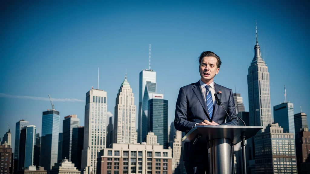 image showing executive in suit giving speech in English and the whole world listening, In the background, the city of New York with the US flag, implying that English is the dominant language in the world and that people who cannot speak this language are inferior