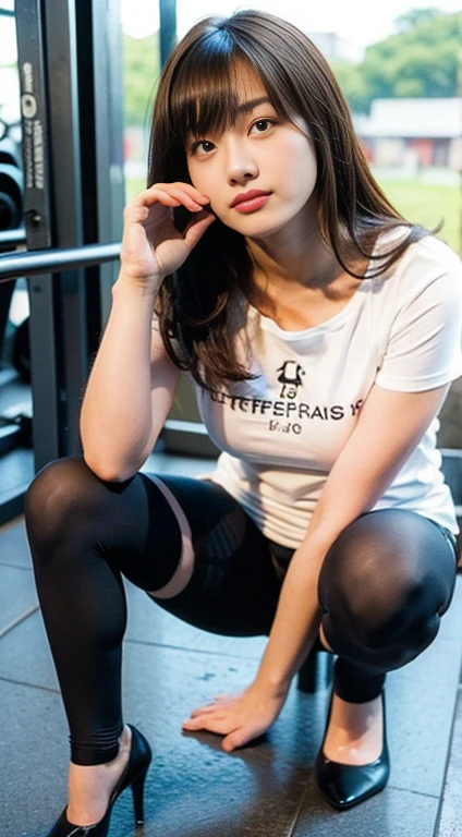 ((Pitch-perfectＴshirt:1.65)))、(((Sexy knee-highs:1.35)))、(((sexy panties:1.35)))、((Erect nipples:1.35)))、(((Sexy high heels:1.35)))、((((Spread your legs wide、Touching the thigh、There is a lot of pubic hair showing off the 、large pointy breasts))))、Browsing Caution、（Humans are biologically correct、references） 、 lose extra limbsslim limbsextra numbersmutated hands and finger fusionfingersslim bad handslong necklong body anatomybad deformationbad deformation no extra breasts、Not Futanari、Not Moriman、Perfect face and big breasts、30 year old woman with slim and slender figure.。The skin is fine、The mesh is also very fine(1.1 emphasize)、Highly detailed skin texture(1.1 emphasize)there iodel Photo Style、Photorealistic、Skin texture is that of real human skin、Detailed skin pores、Intricate details、Eyes: Very fine、rossdraws Pastel Vivid、art germ colorful!!!、!Dream art germs、Highly detailed work of art、From the knee up、A small smile、Sexy pose、Sexy mouth,((、gym with windows、Power Rack、strength training machine))、Long Sleeve Yoga Wear、Shiny long pants leggings、Yoga poses、Four-pronged、focused on the chest