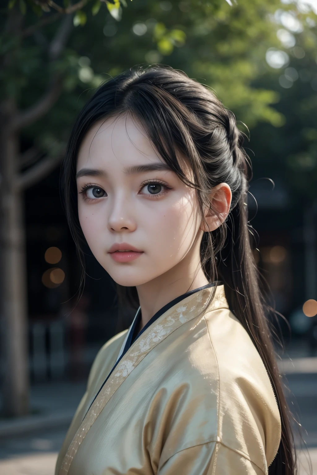 One girl,whole body,Highly detailed face, Beautiful attention to detail,Light on the face,Cinema Lighting,View your viewers,Outdoor,Black Hair,(Black Chinese architecture:0.05),Hanfu,