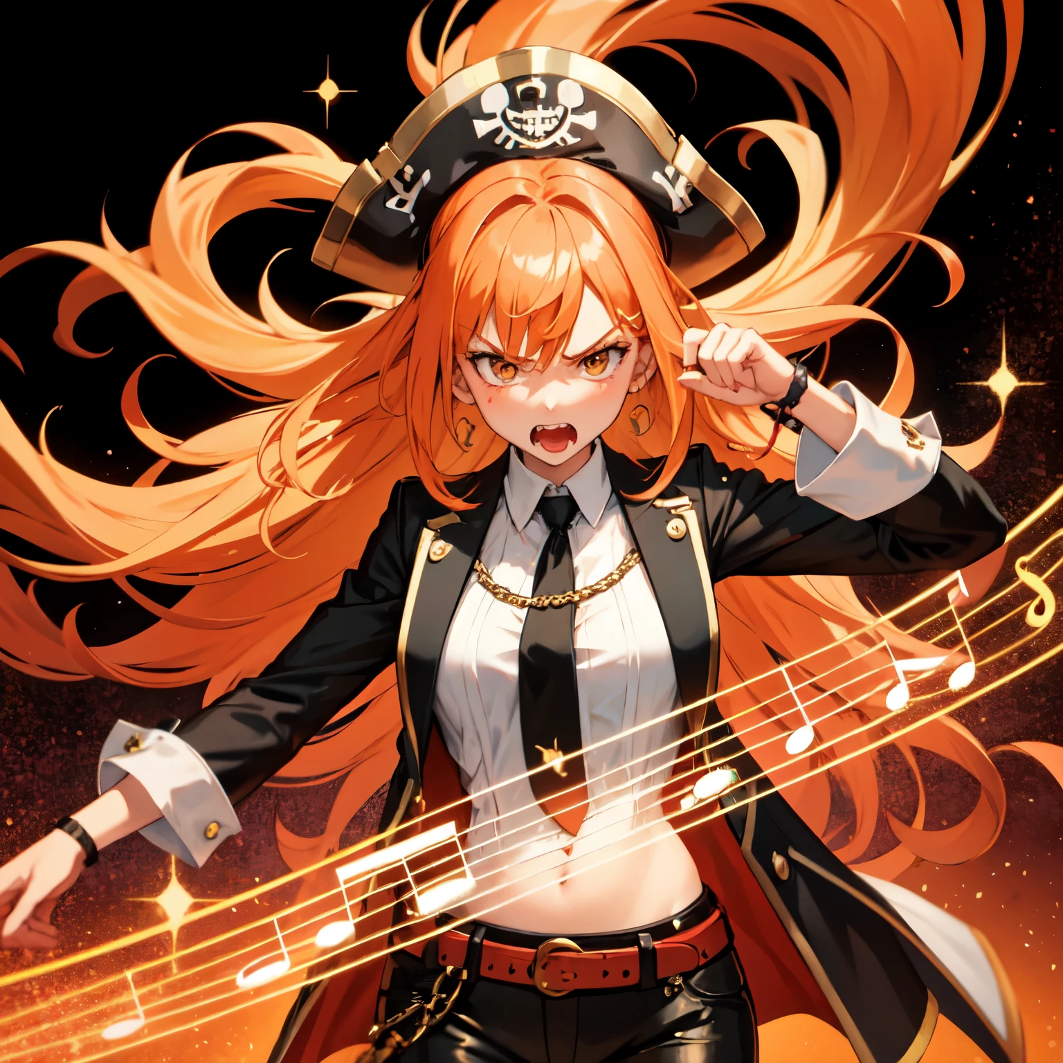 best qualityer, woman dressed as a pirate, angry, half orange hair, with shirt and pants, red threads around you, black backdrop, Musical notes