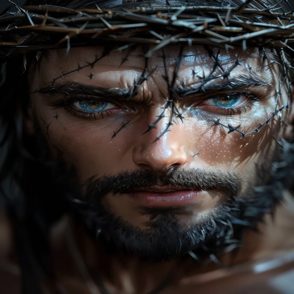jesus, a close-up of a man with a crown of thorns on his head, retrato em close - up, highly detailed vfx portrait, epic portraits filmed, epic portrait of menacing, cinematic portrait, cinematic realistic portrait, por Irakli Nadar, highly detailed vfx portrait of, by Fabien Charuau, Artistic 8K Portrait Photography, ultra realistic photograph