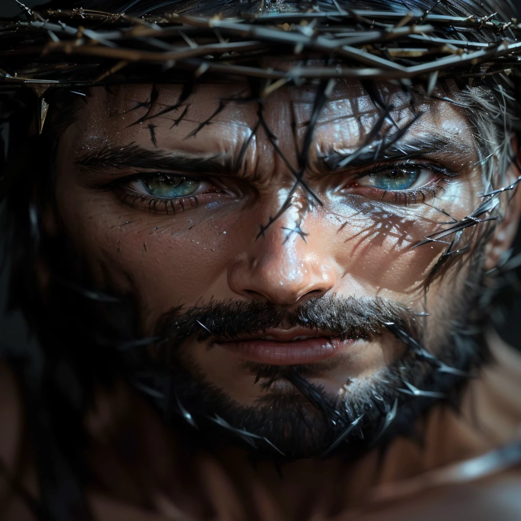 jesus, a close-up of a man with a crown of thorns on his head, retrato em close - up, highly detailed vfx portrait, epic portraits filmed, epic portrait of menacing, cinematic portrait, cinematic realistic portrait, por Irakli Nadar, highly detailed vfx portrait of, by Fabien Charuau, Artistic 8K Portrait Photography, ultra realistic photograph