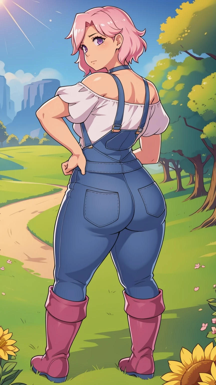 Back turned, looking back at viewer, small cute butt, sad, farm backround, Full body, looking at viewer, 1girl, solo, short pink hair, (dark blue choker), (dark blue denim overalls), (purple eyes), (pink boots), (white shoulder lantern sleeve blouse, tucked in pants