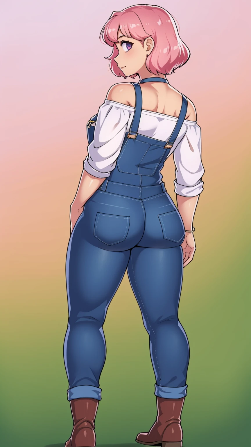 Back turned, looking back at viewer, small cute butt, sad, farm backround, Full body, looking at viewer, 1girl, solo, short pink hair, (dark blue choker), (dark blue denim overalls), (purple eyes), (pink boots), (white shoulder lantern sleeve blouse, tucked in pants