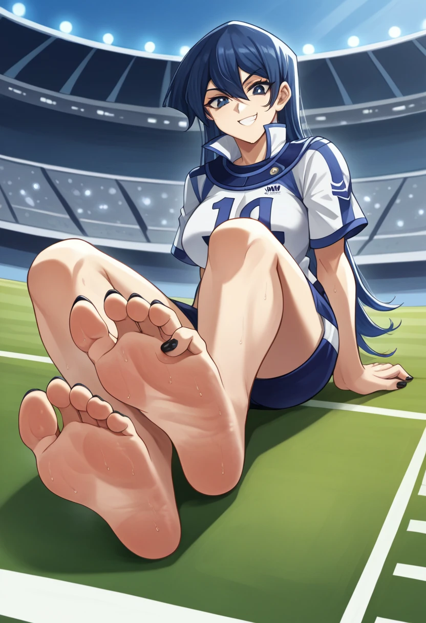 score_9, score_8_up, score_7_up, score_6_up, score_5_up, score_4_up, BREAK source_anime, 1girl, football pitch, football pitch made by acrylic glass, transparent footballpitch , futuristic stadium, in the skye there are planets and spaceships, blue and white soccer jersey, futuristic scene, sitting on ground, showing her feet, soles, feet focus, Looking at Viewer, sole, Barefoot soles、poneyTail、Smelly、5 toes、Sole Focus、Open your toes、Bare legged、bare-legged, Close-up of the soles of the feet，Exposing the soles of the feet, , 2 inch long black toenails, toenails like squareshaped claws, talons, black talons, focus on extra long black toenails, black nail polish, extra long black square toenails, sweaty soles, smirks, nsfw, mature