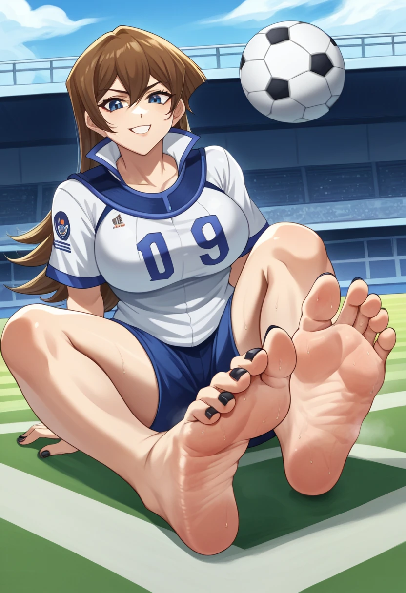 score_9, score_8_up, score_7_up, score_6_up, score_5_up, score_4_up, BREAK source_anime, 1girl, football pitch, football pitch made by acrylic glass, transparent footballpitch , futuristic stadium, in the skye there are planets and spaceships, blue and white soccer jersey, futuristic scene, sitting on ground, showing her feet, soles, feet focus, Looking at Viewer, sole, Barefoot soles、poneyTail、Smelly、5 toes、Sole Focus、Open your toes、Bare legged、bare-legged, Close-up of the soles of the feet，Exposing the soles of the feet, , 2 inch long black toenails, toenails like squareshaped claws, talons, black talons, focus on extra long black toenails, black nail polish, extra long black square toenails, sweaty soles, smirks, nsfw, mature