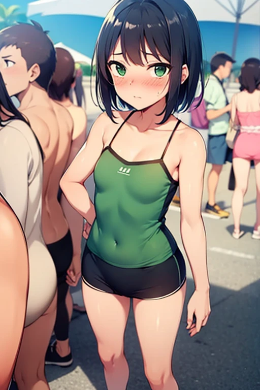 Animation,flat 2d,Fullbody,Detailed face,(game cg,BISHOP),Solo,messy short cut black hair,highschool boy,(sunburned skin),oiled skin,outdoor,famous square,crowded,(green camisole:1.2),black miniskirt,(embarrassed expression:1.2),,Looking at viewer,(flat chest:1.3),standing,(he is waiting viewer:1.3)