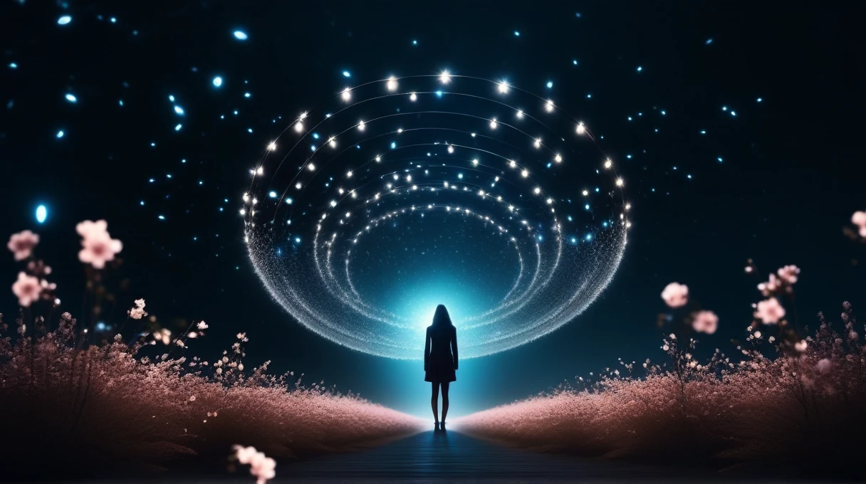 1 girl, magical, abstrato, tenebrosa, light particles, rotating lights, blossom, floating object, looking ahead at viewer, realisitic, standing alone, Trends on Instagram, trends on Pinterest,