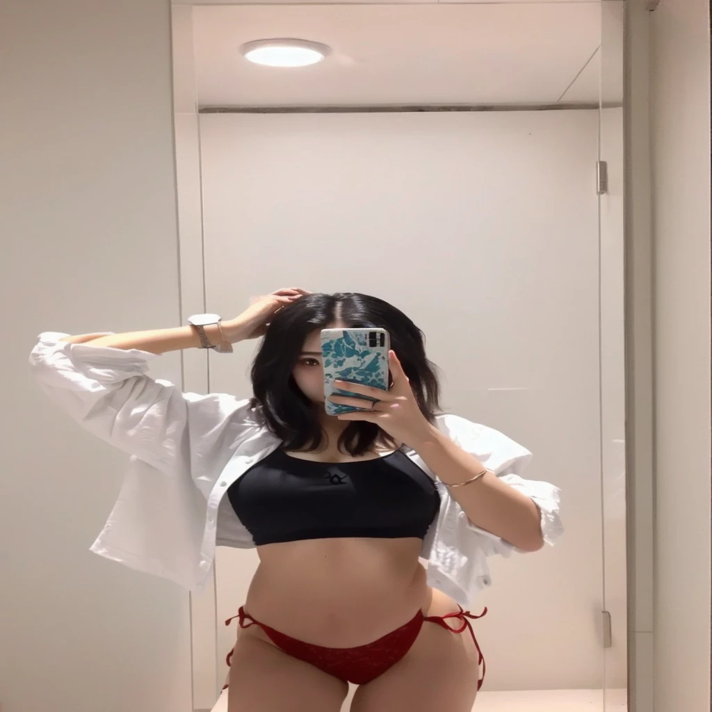 A woman is taking a selfie in the bathroom mirror., Ulzzang, Bralette, Slim girl photos, fit pic, physically : The smallest abdomen ever, Wearing a low-cut tank top, Sports bra and shirt, Korean Girls, Wenfei Ye, Wearing a crop top, 2 4-year-old female model, Choi Hong-hwa