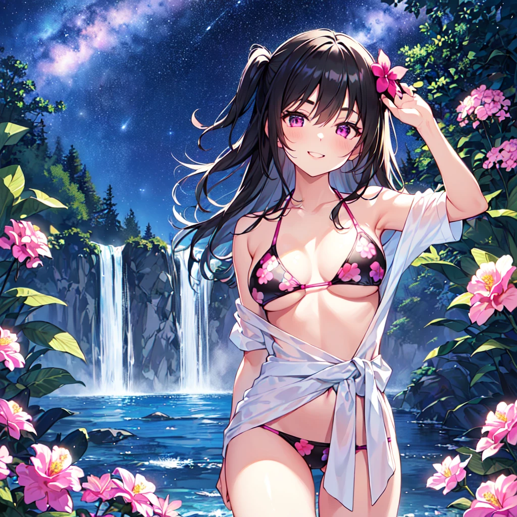 masterpiece, best quality, high quality, extremely detailed, very delicate and beautiful, (1 female 18 years old solo:1.5), (long black hair up to waist with two side up:1.5), bangs to eyebrows, eyes (eyes sharp, strong, glossy, glossy eyebrows), (eye color magenta:1.3), 6.5 head height, (bikini swimsuit summer flower print:1.3), ruffled, (smiling), (standing:1.3), (dynamic pose), (background waterfall forest:1.3) ,(Milky Way Night Sky:1.3)
