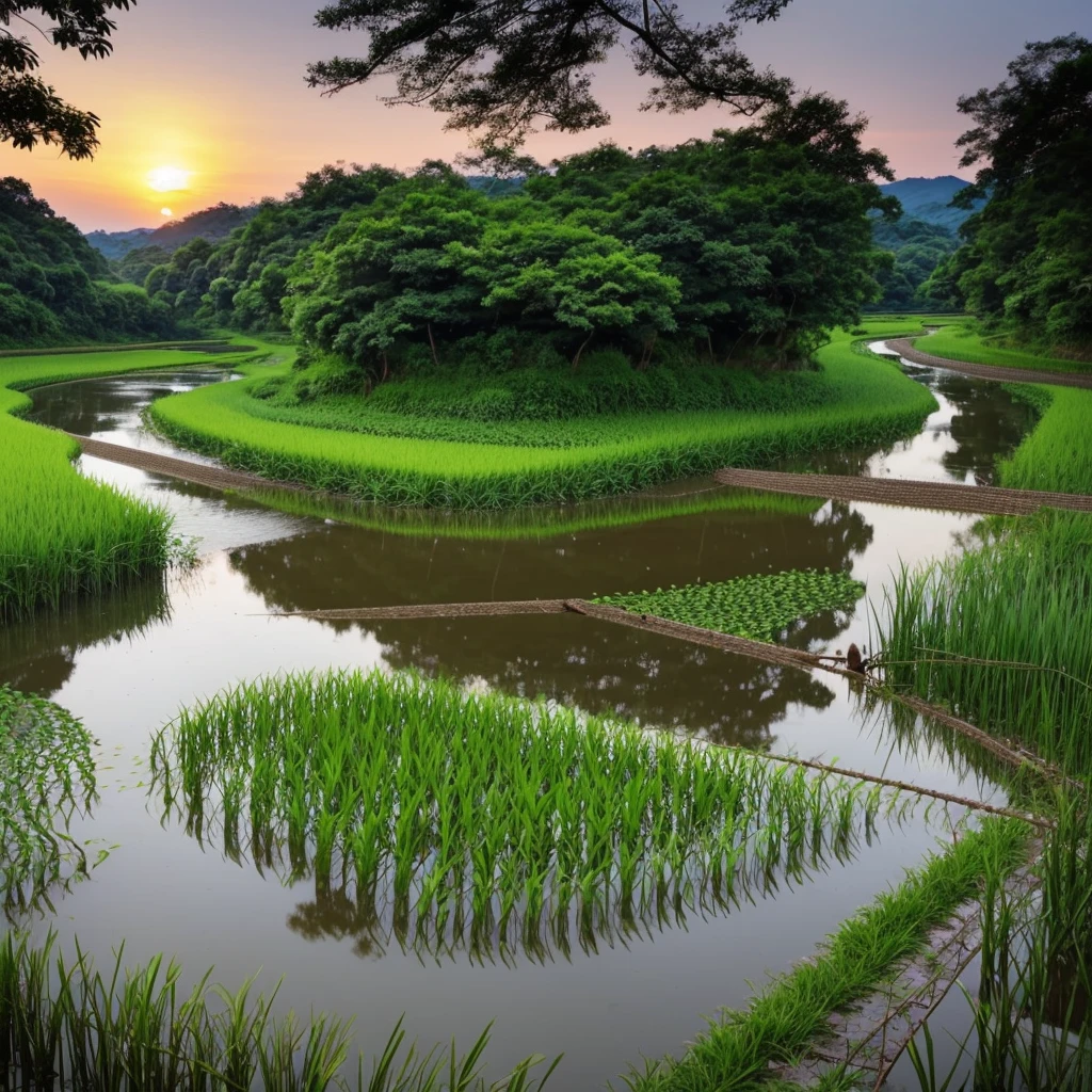 Summer evening、Spreading Blue々Rice fields and a stream running between them。Rice swaying in the wind、Sunset sky。With the sounds of frogs singing and the river babbling,、Relaxing time in nature。