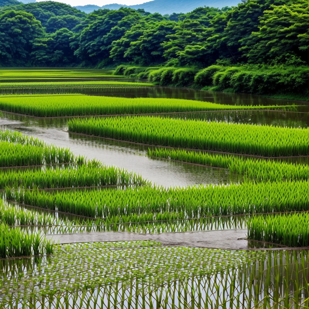 Summer evening、Spreading Blue々Rice fields and a stream running between them。Rice swaying in the wind、Sunset sky。With the sounds of frogs singing and the river babbling,、Relaxing time in nature。