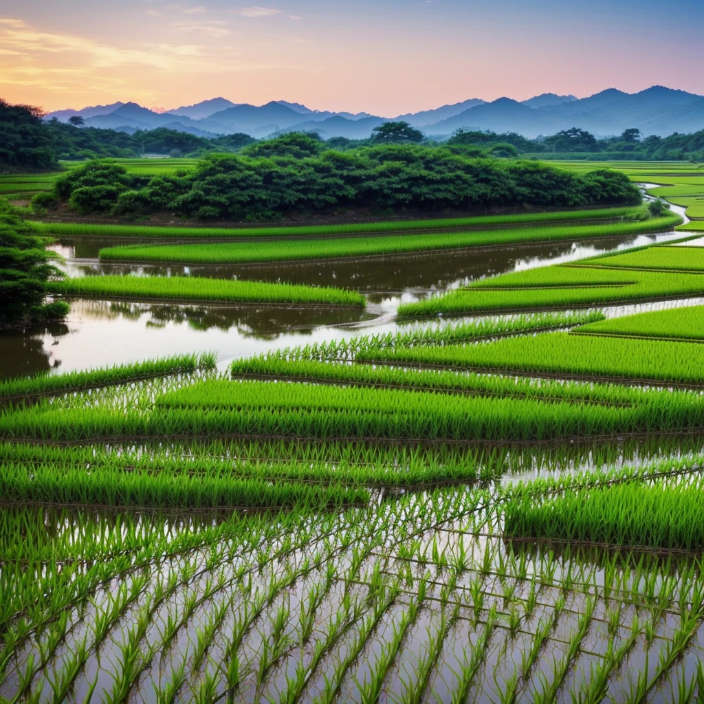 Summer evening、Spreading Blue々Rice fields and a stream running between them。Rice swaying in the wind、Sunset sky。With the sounds of frogs singing and the river babbling,、Relaxing time in nature。