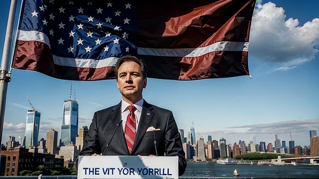 image showing executive in suit giving speech in English and the whole world listening, In the background, the city of New York with the US flag, implying that English is the dominant language in the world and that people who cannot speak this language are inferior