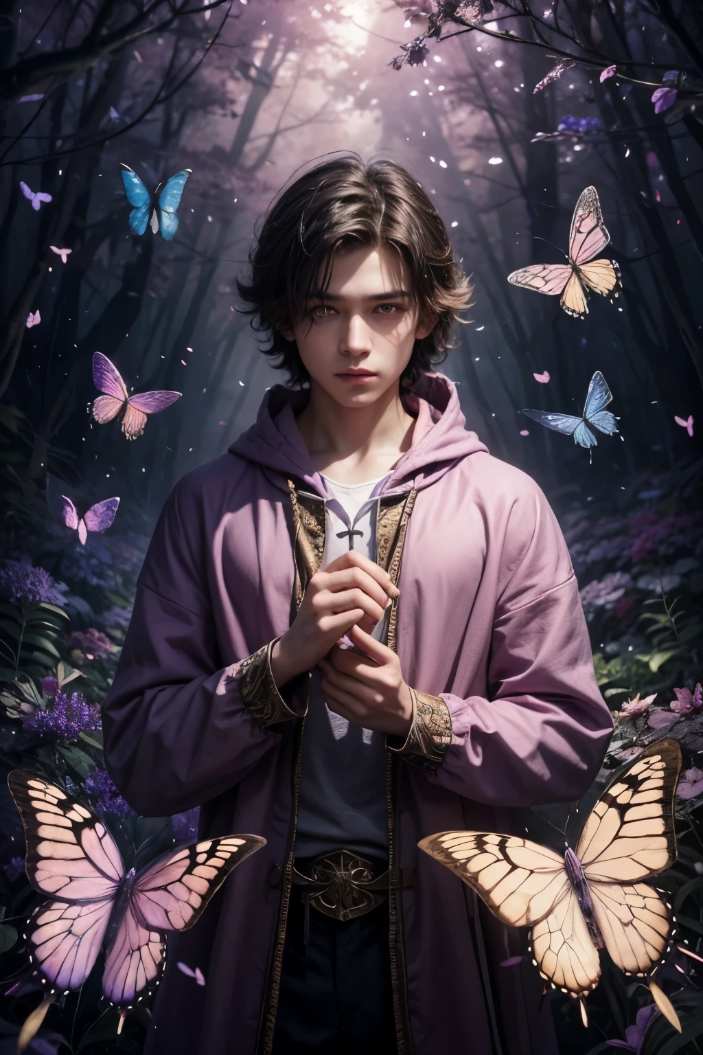 A young wizard, in mystical clothes surrounded by bright butterflies of purple and pink colors in a mystical setting.