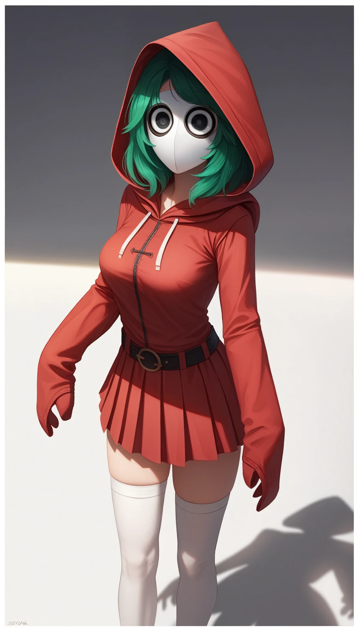 ((shygal)), mask, eyelashes, [solid background], [[light blue background]], (white border), (shaded), [3d], sleeves past wrists, (round eyes, wide eyes), (shadow), cartoony, (faceless), green hair, black eyes, breasts, no nose, 1girl, solo, [[belt]], (standing), clothes stretch, ((red hood), red skirt, hood, white thighhighs) masterpiece, (best quality:1.2), sharp image, detailed image, detailed face, perfect lighting, (perfect shadows), perfect face, (detailed background, depth of field), (4k, 2k, absurd res), bend over nsfw huge tits thicc good hands 