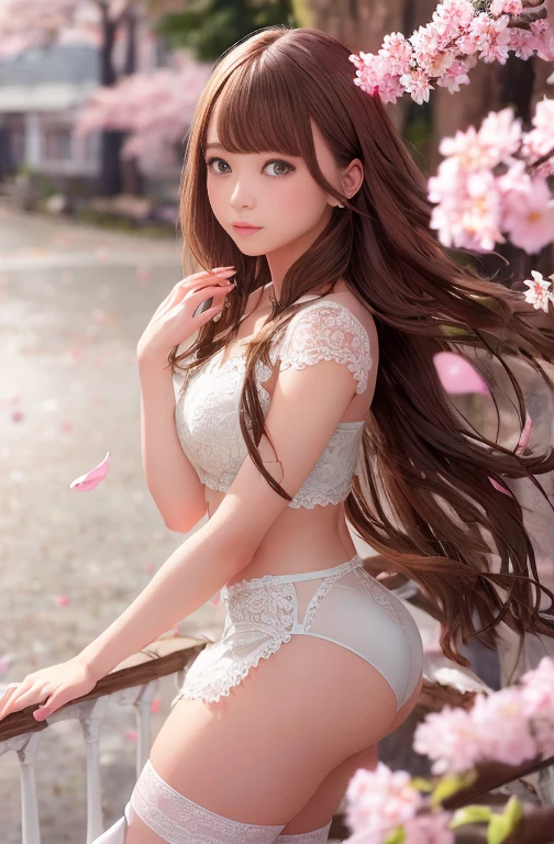 One girl, alone, Long hair blown by the wind, Green Eyes, White Stockings, race, View the viewer, Gorgeous, elegant, Very detailed, Majestic, Blurred, Blurred background, wood, branch, cherry blossoms, butterfly, Windblown petals, Depth of written boundary,
