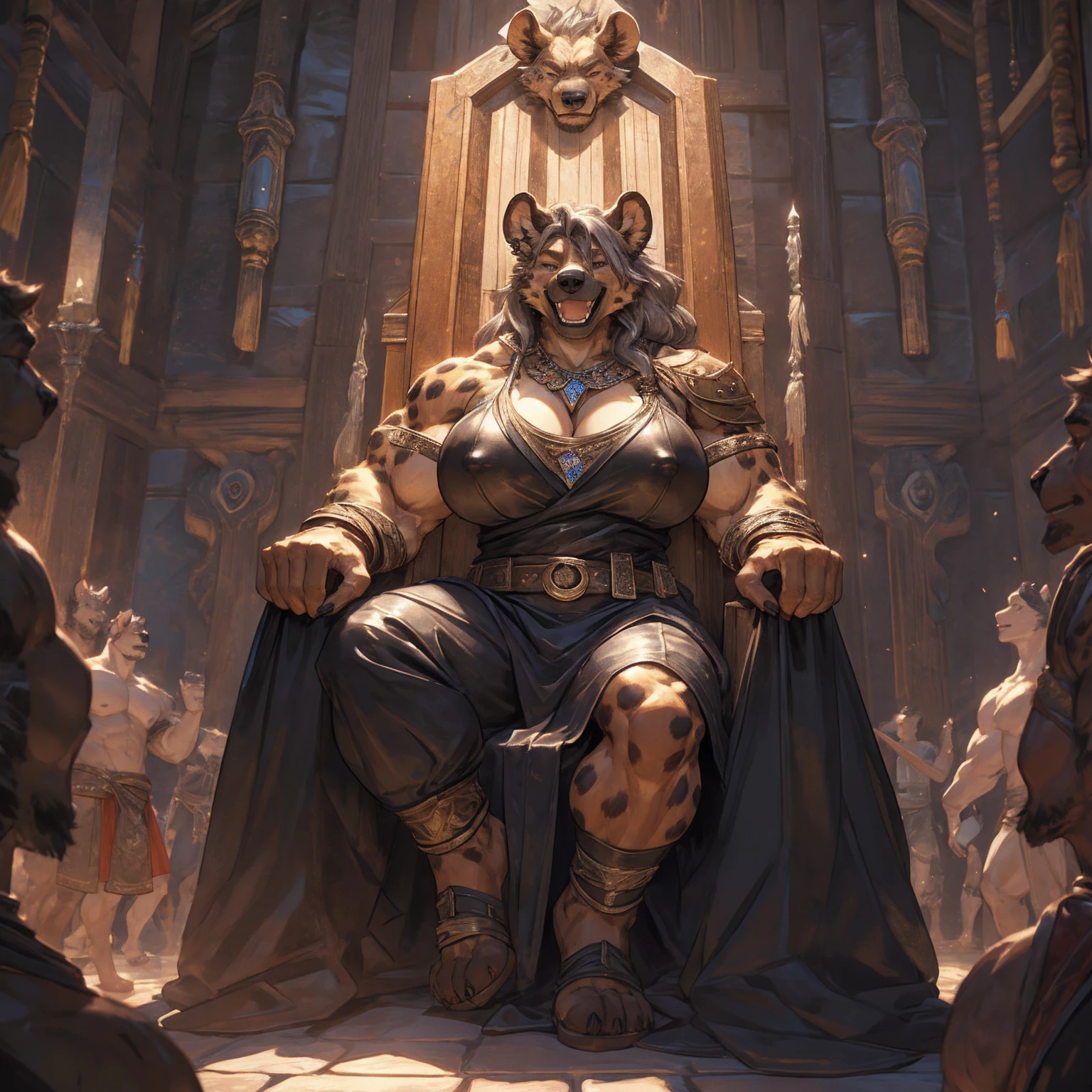uploaded to e621.net, masterpiece, 8k, hyena woman, matriarch, female, beige fur, spots, gray hair, buff, muscular, barbarian queen, (leather clothing:1.3), wooden throne, wooden keep, primitive room, stone room, seated, casual posture, buff, muscular, massive, bodybuilder, (huge breasts), nipple outline, covered breasts, laughing, crowded, supplicants, worshipers, by darkgem,