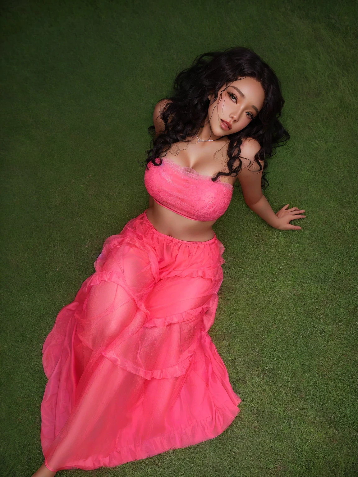 there is a hyper realistic woman in a pink dress laying on the grass, laying down, thick curly anime hair, curly hyper realistic hair, photo from a promo shoot, promo shoot, promo still, gorgeous lady, photoshoot, seductive lady, sza, promo shot, photo shoot, taken in the early 2020s, playful pose, her belly button is exposed, vanessa morgan, dressed in a pink dress, solo photoshoot