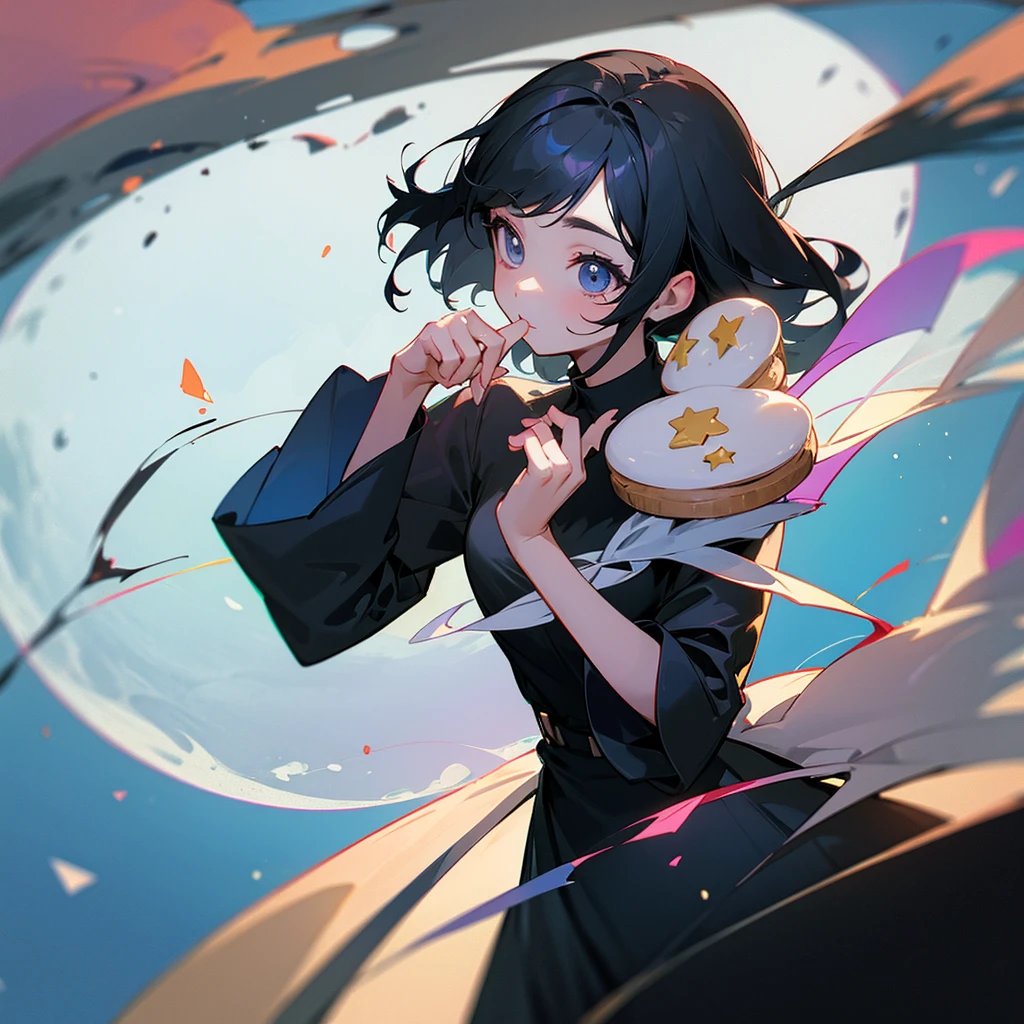 Top Quality flies to the moon is cookies flies with her girlfriend black hair black dress kawaii