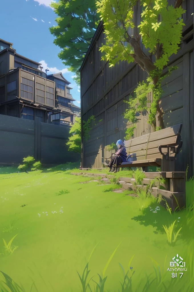 a close up of a person sitting on a couch in a field, genshin, ayaka game genshin impact, pc screenshot, lalafell, beautiful screenshot, stylized anime, final fantasy 14 style, video game genshin impact, video game screenshot>, anime countryside landscape, today's featured anime still, genshin impact style, ayaka genshin impact