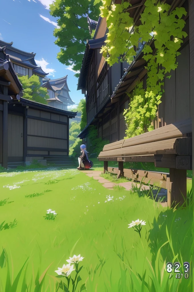 a close up of a person sitting on a couch in a field, genshin, ayaka game genshin impact, pc screenshot, lalafell, beautiful screenshot, stylized anime, final fantasy 14 style, video game genshin impact, video game screenshot>, anime countryside landscape, today's featured anime still, genshin impact style, ayaka genshin impact