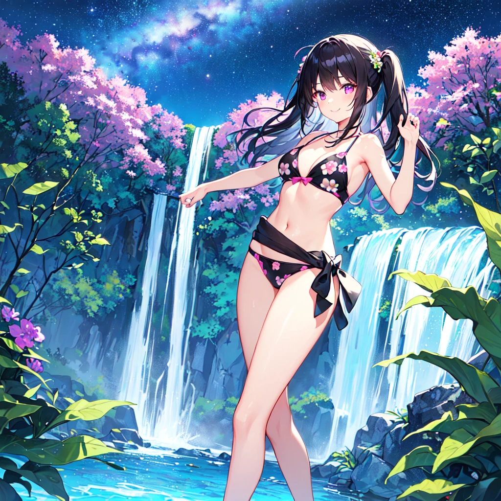 masterpiece, best quality, high quality, extremely detailed, very delicate and beautiful, (1 female 18 years old solo:1.5), (long black hair up to waist with two side up:1.5), bangs to eyebrows, eyes (eyes sharp, strong, glossy, glossy eyebrows), (eye color magenta:1.3), 6.5 head height, (bikini swimsuit summer flower print:1.3), ruffled, (smiling), (standing:1.3), (dynamic pose), (background waterfall forest:1.3) ,(Milky Way Night Sky:1.3)