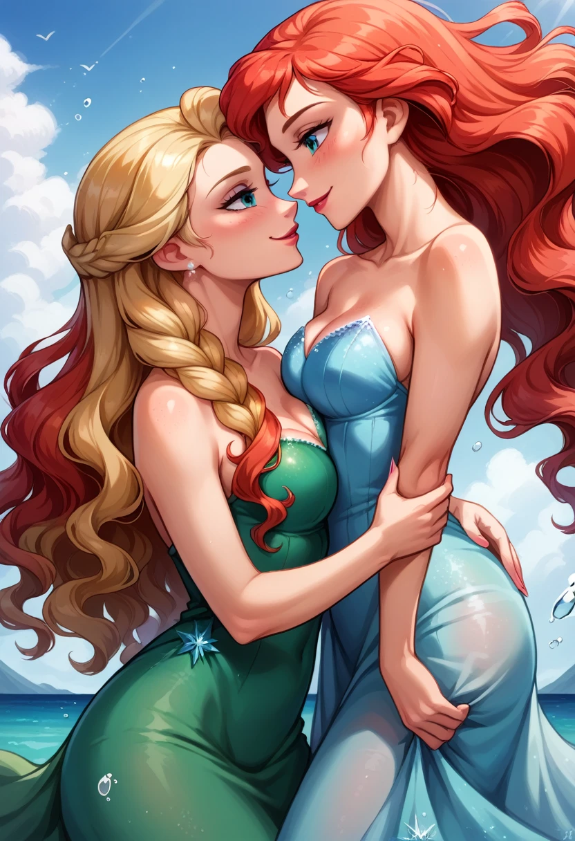 Score_9, score_8_up, score_7_up, rating_safe, source_comic, detailed soft lighting, 2girls, BREAK, Elsa from Frozen, (blonde hair, braid, ice blue dress:1.3), BREAK, Ariel from Little Mermaid, (red hair, long wavy hair, green dress:1.5), BREAK yuri, girlfriends, kissing, horny, smile, beautiful eyes, open eyes, (masterpiece, best quality, highly detailed, beautiful), SFW.
