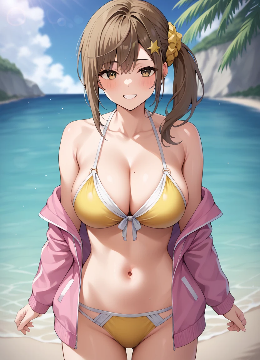 sauce_anime, score_9, score_8_superior, score_7_superior, score_6_superior, score_5_superior, score_4_superior,
One girl, alone, Medium Hair, View your viewers, smile, Large Breasts, Brown Hair, belly button, Cleavage, Brown eyes, Jacket, Swimwear, superiorper body, bikini, Open clothes, Off the shoulder, Side Ponytail, open Jacket, yellow bikini, Scrunchie, pink Jacket, Star hair ornament